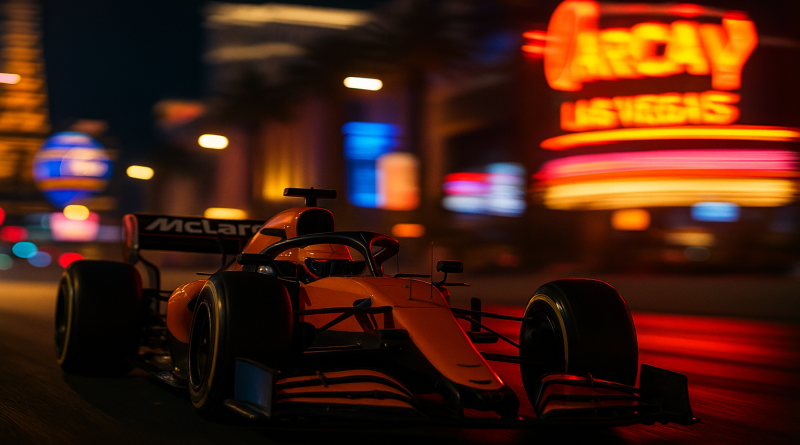 McLaren F1 2025 de Lando Norris de nuit à Las Vegas, image illustrant la lutte pour le titre et le scénario d’un Norris champion F1 2025