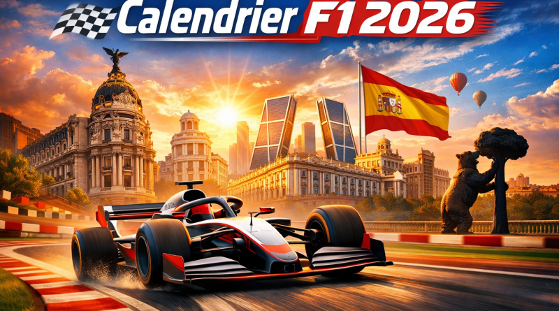 Illustration du calendrier de la Formule 1 2026 avec une évocation du nouveau Grand Prix urbain de Madrid