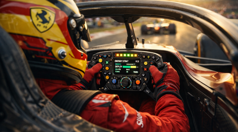 Pilote de Formule 1 concentré dans le cockpit, mains sur un volant sophistiqué, incarnant l’importance du pilotage dans le championnat F1 2026.